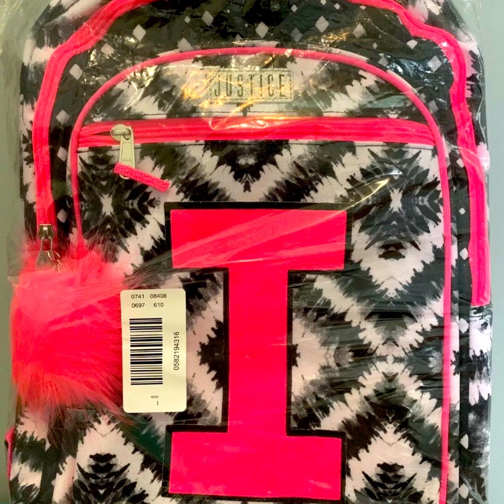 Justice Girls Backpack Gray, Pink “I” with wallet
